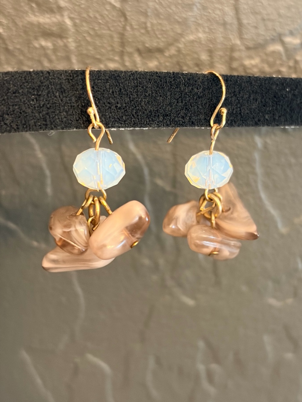 Gold and Beige Opal Bead Dangle Earrings - Women Jewelry